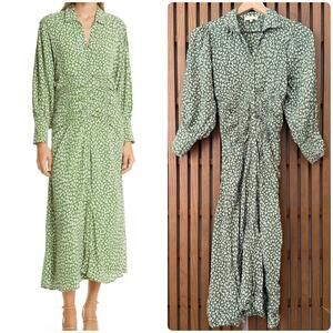 By Timo Anthropologie Green Autumn Floral Apple Ruched Midi Dress Women’s Small